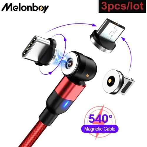 3Pcs/lot 540 Roating Magnetic Cable Micro USB Type C Cable For Huawei Charging Cord Wire For Samsung Magnet Charger 1m 2m 3m