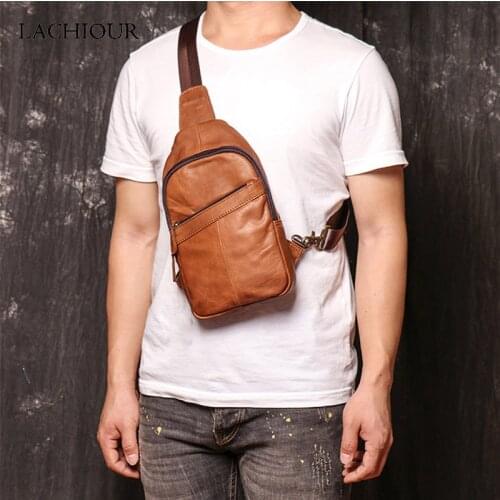 Men Genuine Leather Chest Bag Male Zipper Leather Shoulder Bag Mens Travel Fanny Packs Soft Casual Crossbody Bag