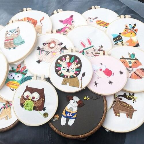 Cute Animals Embroidery Set DIY Fox Lion Sheep Needlework Tools with Hoop Printed Beginner Cross Stitch Kit Sewing Craft Kits