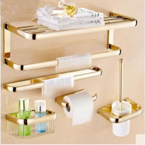 Brass Bathroom Accessories Set, Gold Square Paper Holder,Towel Bar,Soap basket,Towel Rack,Glass Shelf bathroom Hardware set