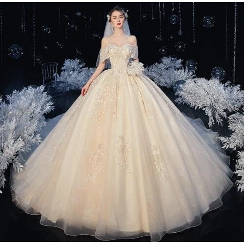 2021 New All Over Appliques Lace Princess Ball Gown Wedding Dress Floor Length Robe Marriage Boat Neck Bride Dresses