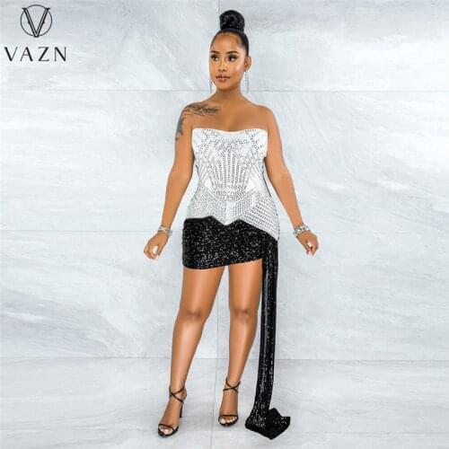 VAZN New Asymmetrical Patchwork Heavy Industry Sequined Sweet Strapless Sleeveless Young Slim Dress Club Shinny Dress