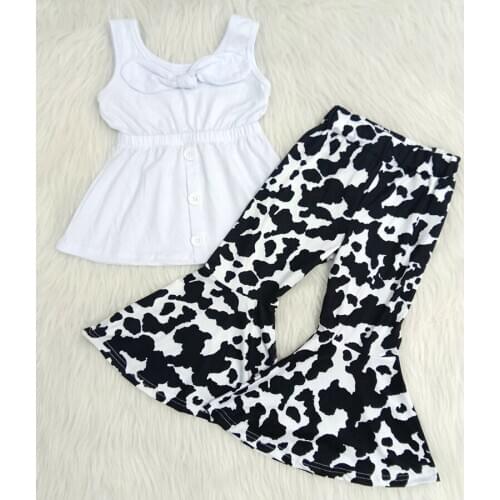 New arrival kids fashion outfit for summer girls party outfit with white tank top and milk cow pattern bell pants girls outfit