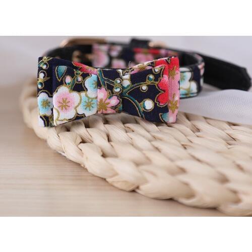 Japanese Style Cat Collar Pet Puppy Cat Bow Tie Collar Adjustable PU Leather Pet Cat Collar for Small Dogs