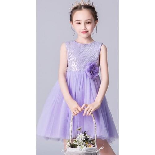 Flower Girls Dress Sequin Tutu Sleeveless Pageant Toddler Girls Princess Dresses Floral Front Kids School Performace Drama Gown