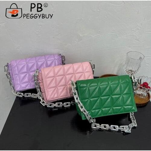 Simple PU Leather Checker Shoulder Bags Small Solid Color Subaxillary Bags for Women Popular Thick Chain Small Handbags