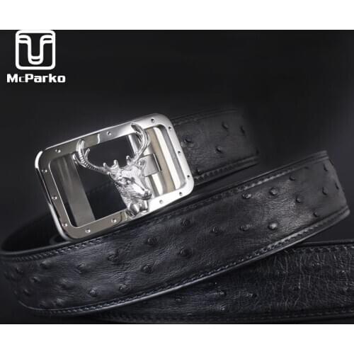 McParko Ostrich Leather Belt For Men Luxury Design Deer Buckle Belt Genuine Leather Waist Belt Strap Custom Make Name Logo Gifts