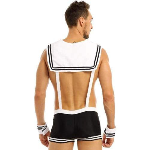 Sexy Mens Sailor Exotic Costumes Cosplay Lingerie Set for Fancy Parties Clubwear Suspenders Jockstraps Boxer Shorts with Collar