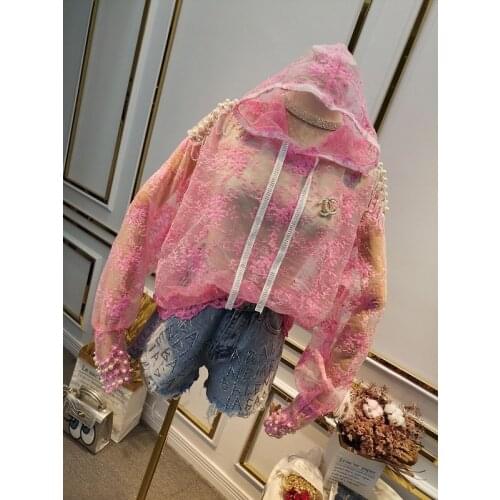 Heavy Beaded Harajuku Hoodie Streetwear Fashion Embroidered Mesh Long Sleeved Drawstring Hoodies Women Pink Tops