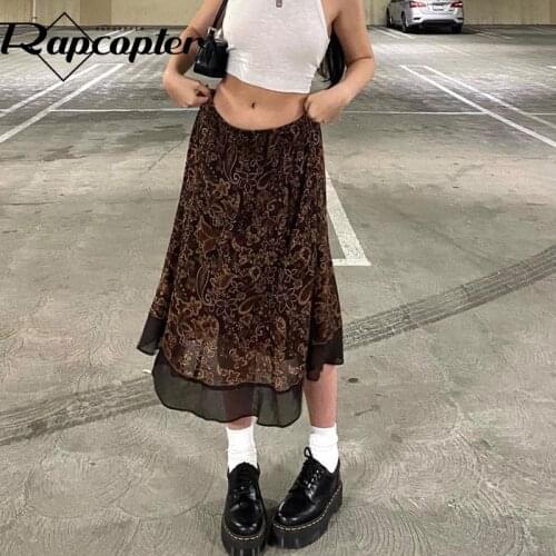 Rapcopter y2k Floral Midi Skirts Mesh Vintage Low Waisted Cute Skirts Patchwork Casual Holiday Skirts Women Prepply 90s Bottom