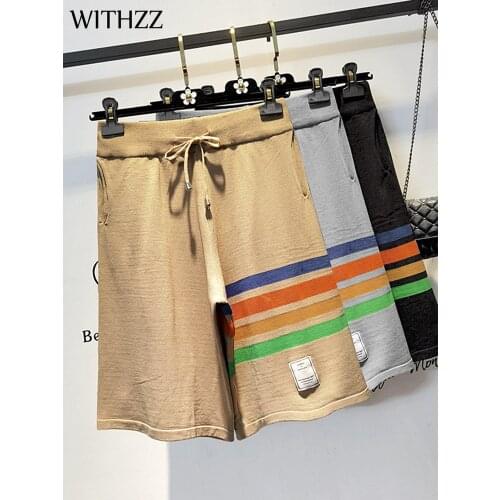 WITHZZ Summer Women Straight Stripe Shorts Knit High Waist Female Loose Casual Shorts
