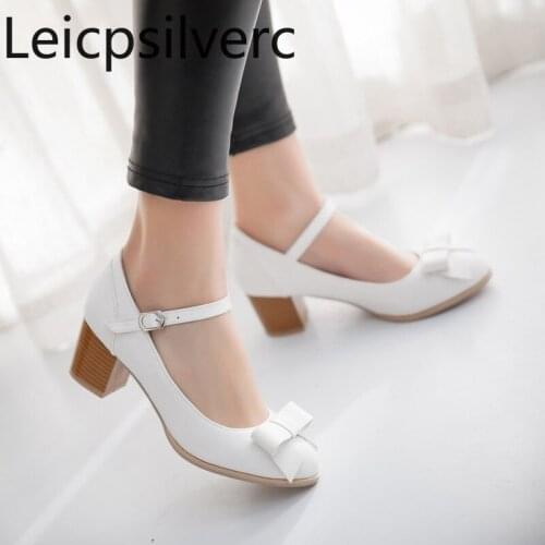 Pumps Spring and autumn The New fashion Round head Buckle butterfly Knot Thick heel mid heel Womens shoes plus size 34-43