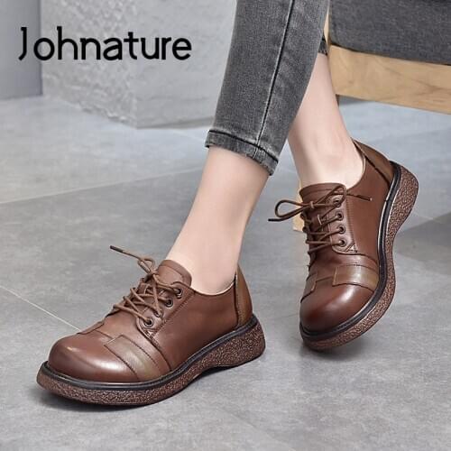 Johnature Pumps Women Shoes Lace-Up 2021 New Spring/Autumn Retro Genuine Leather Handmade Leisure Concise Platform Ladies Shoes