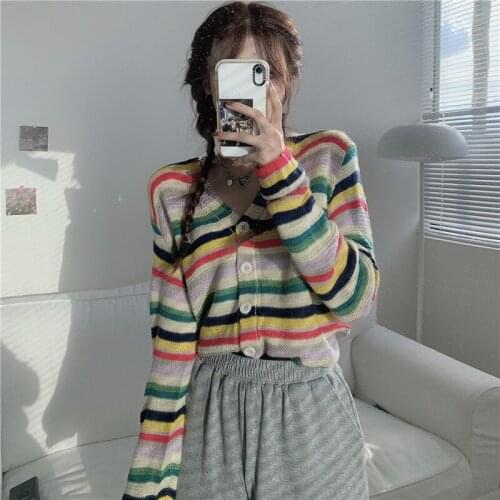 Women Autumn Long Sleeve Rainbow Sweater Short Knitted Cardigan Coat Out Wear Sweet Tops