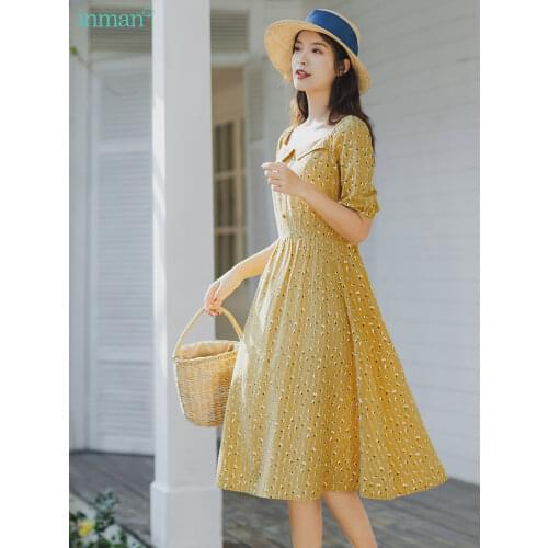 INMAN Summer Elegant Square Collar Reveal Clavicle Shivering Nipped Waist Short Sleeve Dress