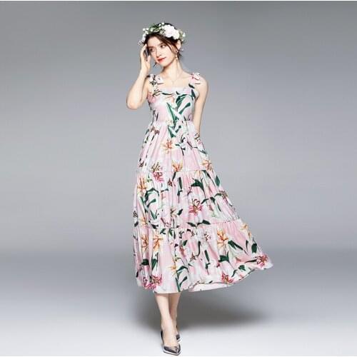 2021 New Women Dresses A-LINE Printing Ankle-Length Spaghetti Strap Women Dresses Office Lady Elegant Party Women Summer Dresses