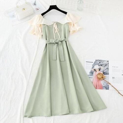 Elegant Bandage Solid color Party Midi Dress Women 2021 Short Sleeve Ruffle Summer Dress High waist A-line Slash Neck Dresses