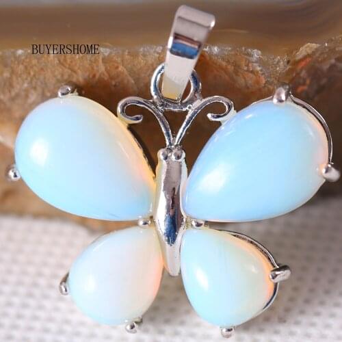 Natural Stone Bead White Opal Women Butterfly Necklace Pendant 1Pcs K470