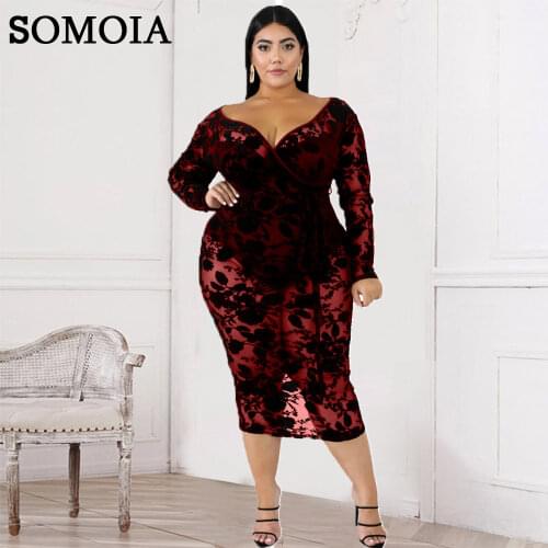 6XL Plus Size Fashion Womens Clothing Sexy Deep V Neck Lace Long Sleeved Personality Back Zipper Solid Color Temperament Dress