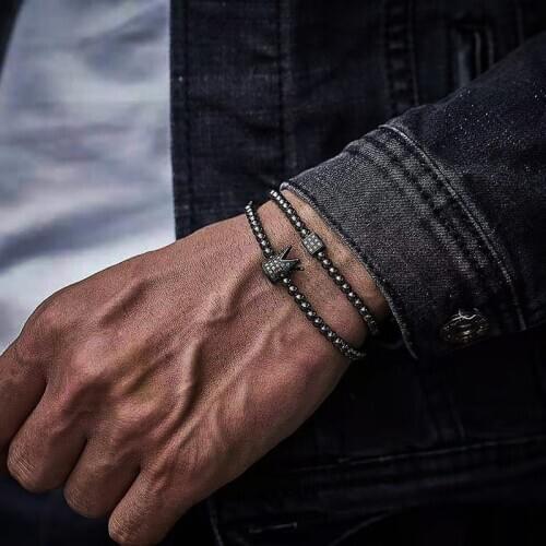 Copper Beads Bracelet 2pcs/set Crown Men Bracelets For Women Square Pulsera Hombre Pulseiras Masculina Handmade Mens Accessories