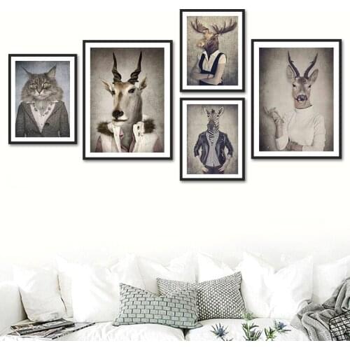 Animal Head Human Body Cat Elk Zebra Antelope Wall Art Canvas Painting Nordic Posters And Prints Wall Pictures Kids Room Decor
