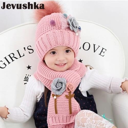 Winter Pompom Hat Scarf Set Girl Hats Scarves For Kids Knit Beanie Hat with Floral HT020