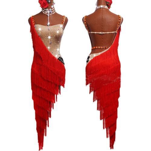 Latin Dance Competition Dresses Performance Fringe Skirt Adult Girls Rhinestone Red Tassel Clothing Samba Dance Dress BL2680