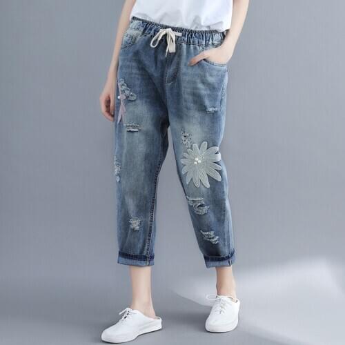 Summer Women Harem Jeans Pants Beads Loose Lace up Embroidery Denim Jeans Female High Waist Ripped Calf-length Pants Plus Size