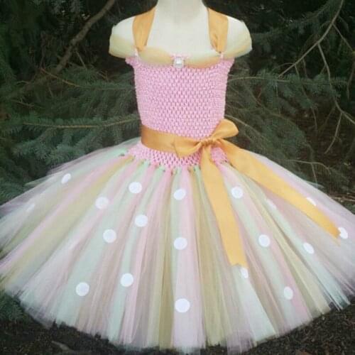 Lovely Girls Pink Princess Tutu Dress Kids Crochet Dress Ball Gown with White Dots and Ribbon Bow Children Party Costumes Dress