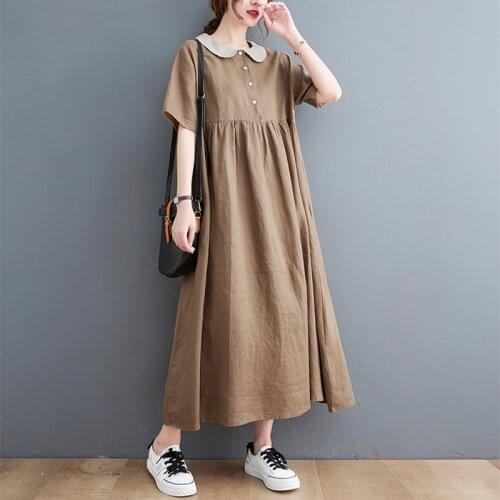 Japan Style Peter pan Collar Sweet Girls Chic Dress Thin Soft Cotton Linen Loose Summer Dress Women Travel Casual Midi Dress