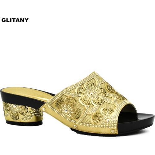 Latest Women Elegant Pumps Ladies Wedding Shoes Decorated with Rhinestone Italian Ladies Shoes for Parties Gold Color Women Shoe