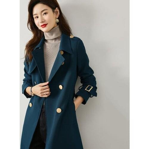 New Women Trench Coat Autumn 2021 Fashion Turn-down Collar Long Sleeve Double Breasted Solid Color Slim Trench Coat
