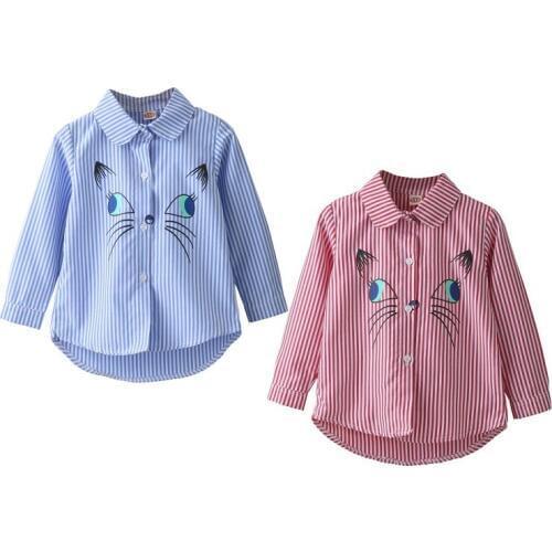 Baby Girl Clothes Fashion Children Turn-down Collar Embroidery Cartoon Cat Pattern Long Sleeve Shirts Blouse Outfits