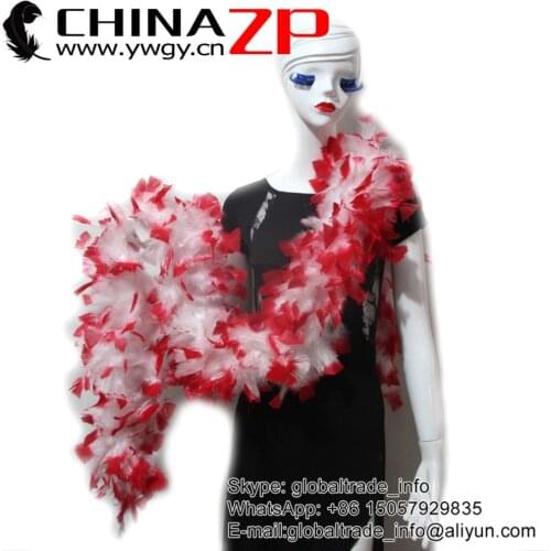 CHINAZP Feathers Wholesale Belly Dance Costumes Accessories Smooth Red Tips White Chandelle Flat Feather Boa 150grams for Sale