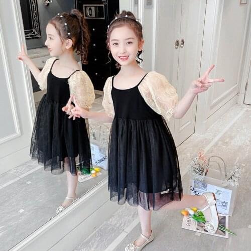 Girls Dress Summer Mesh Black Kids Dresses for Girls Clothes Korean Fashion Kids Princess Dress Student Costume 8 10 12Years Old