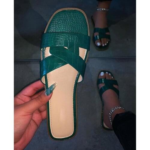 Women Flat Sandals Pink Summer Open Toe Sandals Fashion PU Leather Shallow Solid Slippers Green Beach Shoes Plus Size