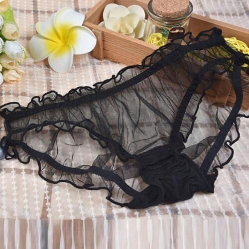 Sexy Womens Transparent Brief Girls Black Solid Lady Lingerie Panties Ruffle Edge Mesh Temptation Underpants
