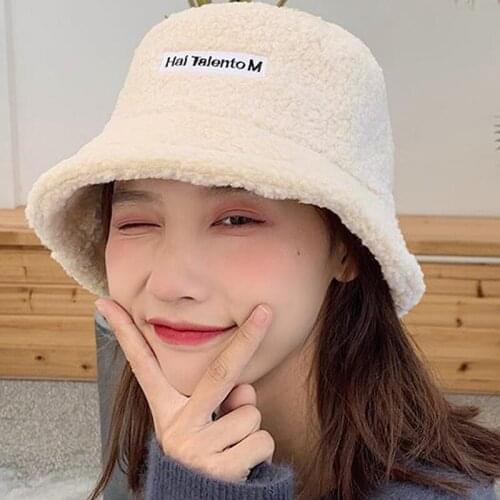 Women Hat Solid Artificial Fur Warm Female Cap Faux Fur Winter Bucket Hat for Women Outdoor Sunscreen Sun Hat Panama Lady Cap A