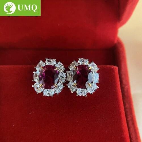 UMQ Vintage 100% 925 Sterling Silver Created Moissanite Ruby Gemstone Birthstone Ear Stud Earrings Sparking Fine Jewelry Gifts