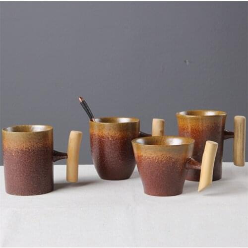 Japanese-style Vintage Ceramic Coffee Mug Tumbler Rust Glaze Tea Milk Cup with Wooden Handle Bubble Tea Cup Reusable Cup