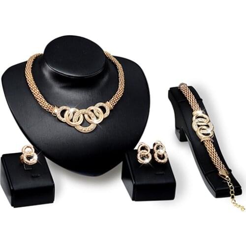 Women Bridal Crystal Choker Necklace Earring Bracelet Chandelier Ring Jewelry Set