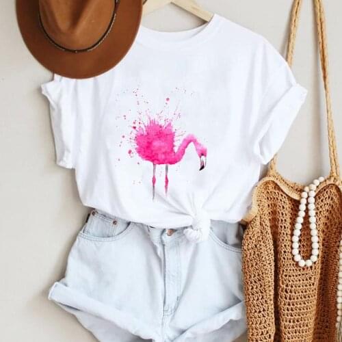 Women Cartoon Watercolor Lovely Flamingo Cute Style Fashion Summer Lady Print Tee Graphic T Top Female Tshirts Clothes T-Shirt