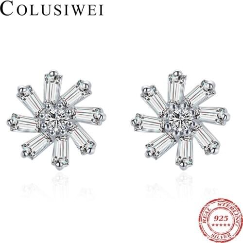 Colusiwei Fashion 925 Sterling Silver Dazzling Zirconia Exquisite Irregular Flower Stud Earrings for Women OL Style Fine Jewelry