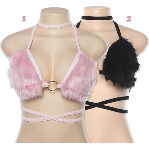 Women Sexy Sleeveless Sling Crop Tops Backless Fluffy Faux Fur Bras Bangage Vest Halter Pink Tank Tops Party Club