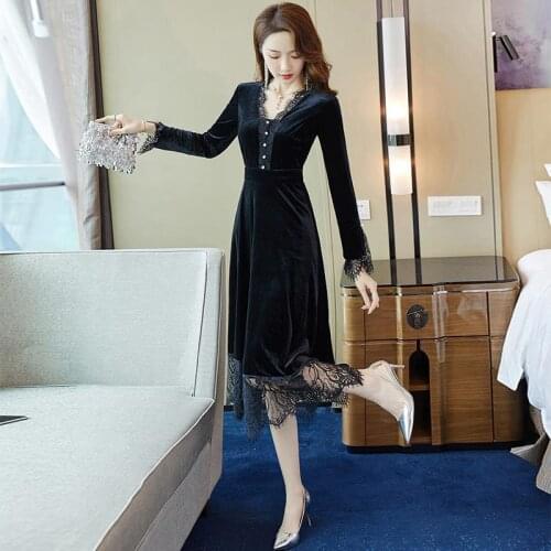 Women 2021 Spring Autumn Ball Gown Velvet Dresses Female Long Sleeve Slim Lace Patchwork Dress Ladies Elegant Midi Vestidos Z280