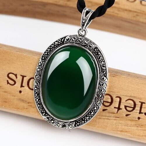 ZHJIASHUN Retro Chalcedony Agate Pendant Necklace 100% 925 Sterling Silver Green Natural Gemstones Pendants Jewelry For Women