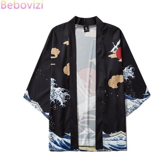 2020 Loose Fashion Black Crane Samurai Harajuku Japanese Kimono Style Women Men Tops Shirts Asian Clothes Summer Beach Cardigan
