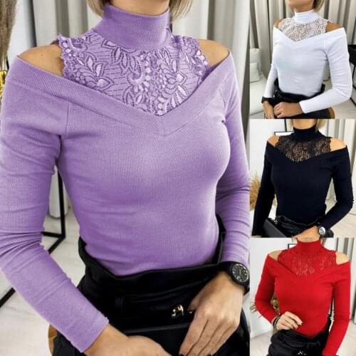 40% Dropshipping!!Trendy Women Pullover Top Lace Patchwork Off Shoulder Long Sleeve Shirt for Daily Wear