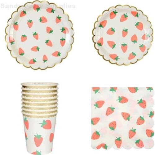 9/7Inch Disposable Strawberry lemon Design Paper Plates Napkins Cups Set Custom Eco-Friendly Lovely Tableware