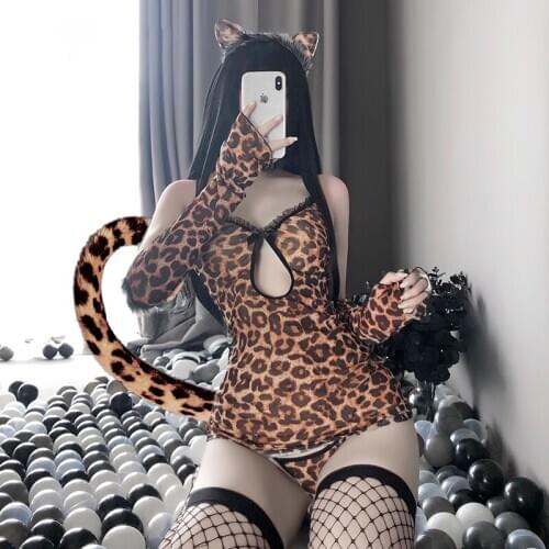 Anime Leopard Wild Uniform Temptation Catwomen Cosplay Costume Erotic Lingerie Set Lolita Headband Roleplay Sex Toy for Woman